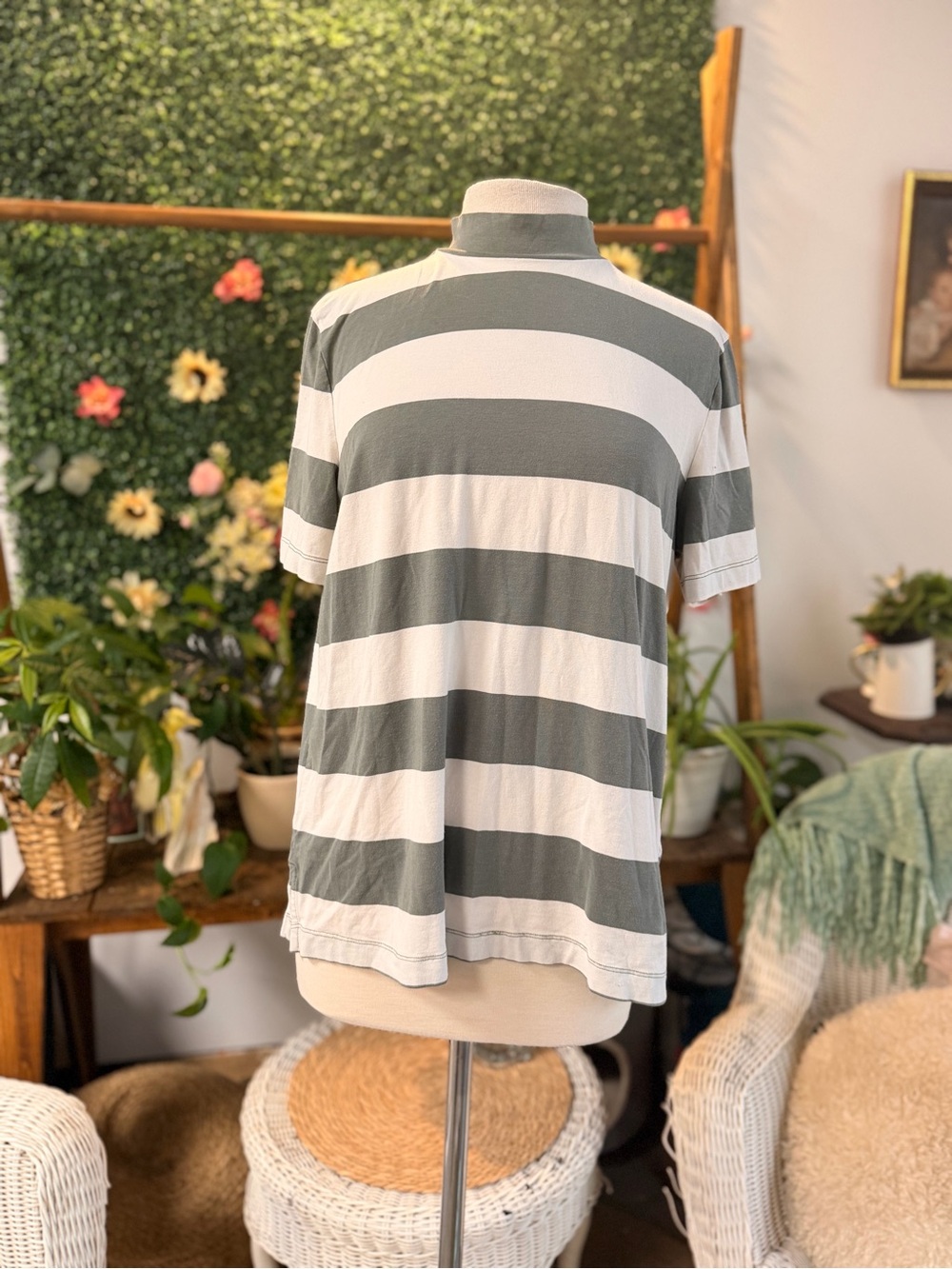 GAP Olive and White Wide Stripe Mock Neck Tee